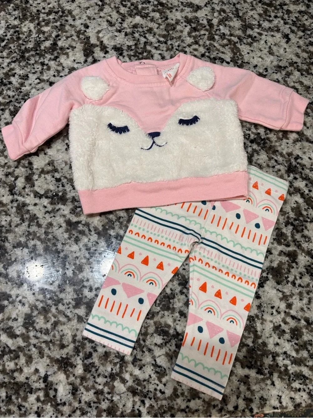 Cat & Jack Pink and White Plush Bear Top with Printed Leggings
